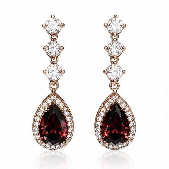 Anthropologie Jewelry - Elegant Gold Drop Earrings with Garnet Red Teardrop Zirconia